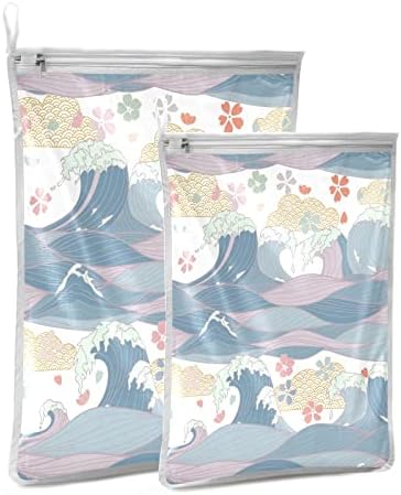 ג ' ואמה יפני גלי ים פרחים 2 חבילה רשת שק כביסה מכונת כביסה עבור גרביים, גרב, תחתונים, חזיית הלבשה