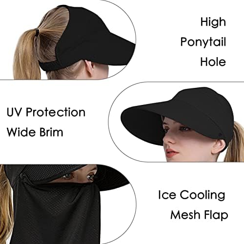 נשים הגנת שמש כובע הליכה, כובעי מגנים רחבים מתקפלים כובעי upf 50+ עם דש רשת נשלף לנשים קוקו גבוה