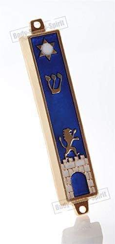גוף-סול-n-spirit צליל זהב Mezuzah Mezuza Blue House 7 סמ יהודיה יהודית אריה קיר שער שער קוטל קוטל