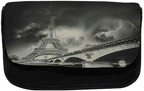 מארז עיפרון של מגדל אייפל לונאלי, סערה מעל פריז, תיק עיפרון עט בד עם רוכסן כפול, 8.5 x 5.5, אפור