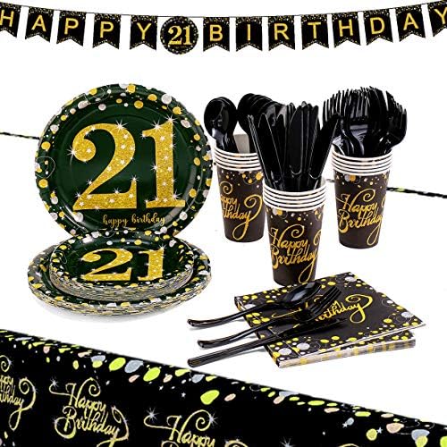 21 יום הולדת ספקי צד סט-16 אורחים - שחור וזהב חד פעמי כלי שולחן ערכת, 21 שנים יום הולדת קישוטים, כולל נייר צלחות,