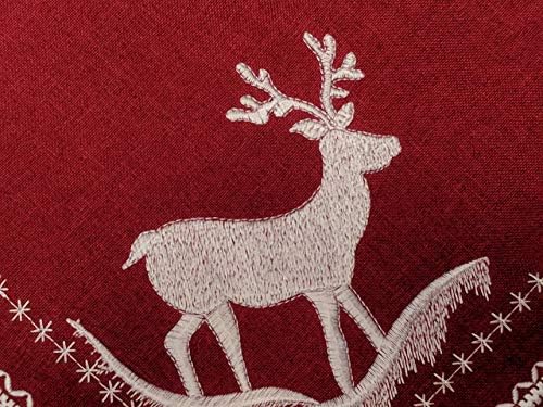צעיף מנטל אח חג המולד בוטיק מפית עם כנסייה ואיילים על בד פשתן יוטה אדום, מידה 90 על 21 אינץ