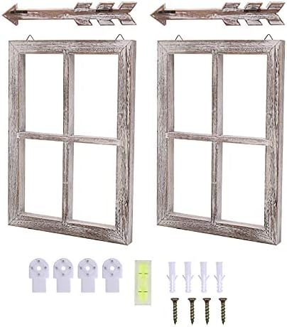 עיצוב קיר בית חווה, מסגרות חלונות חצים חלונית חלון עץ חלונית 2 חבילה, עיצוב חלון מזויף מעץ כפרי, קיר גדול