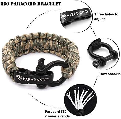 Parabandit 550 קילוגרם צמיד הישרדות paracord עם אריזת קשת שחורה מפלדת אל חלד, זמין ב -3 גדלים מתכווננים