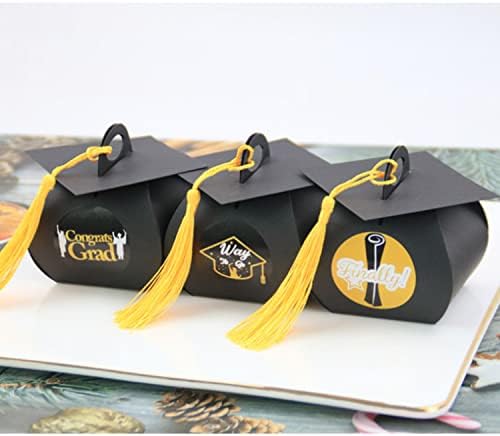 24 יחידות סיום מתוק קופסות, דוקטורט כובע בצורת אריזת מתנה שחור סיום ביסקוויט שוקולד מתוק תיבת עם צהוב ציצית