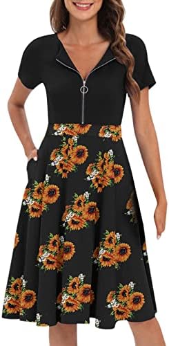 איקה נשים באורך הברך שמלת 1950 אונליין נדנדה קוקטייל שמלות קצר שרוול רוכסן צווארון מתאים והתלקחות שמלת קיץ