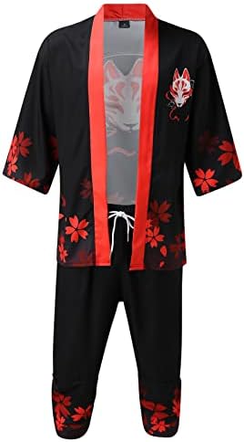 קירדיגן יפני של גברים יפנית סט קרדיגן מעיל קדמי פתוח רופף עם מכנסיים קצוצים בסגנון סיני חליפות מזדמנים