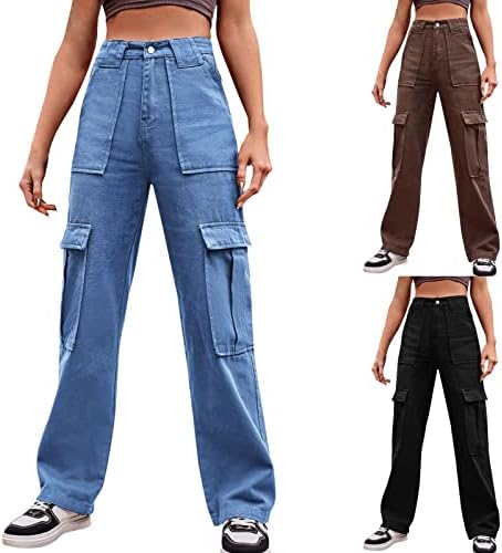 מכנסי מטען של KEUSN נשים מותניים גבוהות מכנסי מצנח נמוכים נשים נשים מרובות כיסים מכנסיים רחוב רופפים