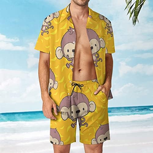 בננה וקופים גברים 2 חלקים הוואי סט מכפתור חולצות שרוול קצר מכנסי חוף רופפים מתאימים