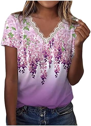 נשים קיץ חולצות מקרית 2023 חולצות טי עם צוואר תחרה שרוול כותרת אופנה חולצה רופפת בסיסית חולצות פרחוניות