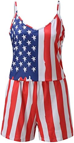 צוואר סרבל נשים קיץ ארהב דגל הדפסי סקופ צוואר שרוולים מקרית גופייה קצר סרבל ארצות הברית