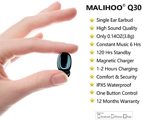 Malihoo Mini Bluetooth אוזניות אוזניות קטנות אלחוטיות בלתי נראות ， אוזניות יחיד עם 6 שעות משחק