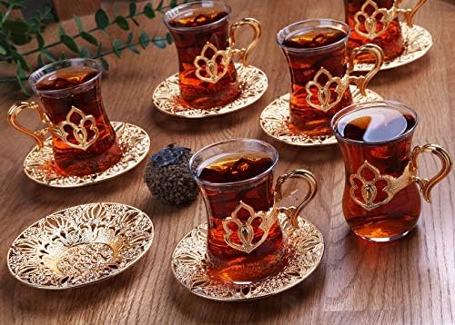 Lamodahome כוסות תה ערבית טורקית סט של 6 עם מחזיקי זהב וצלוחיות - סט מפואר בעבודת יד, כוס תה זכוכית, מתנה,
