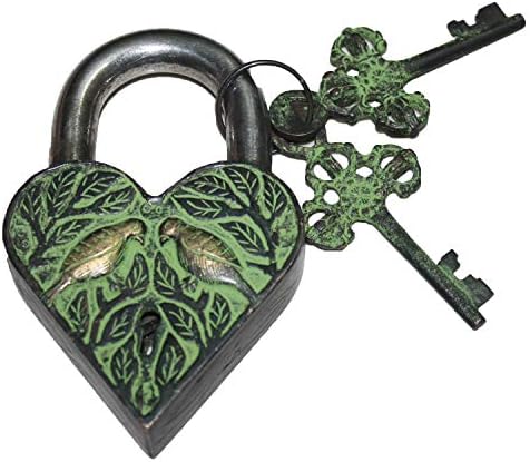Parijat hildraft רבייה עתיקה מנעול לב עם 2 מפתחות שלד שני אהבה ציפורים חרוטות