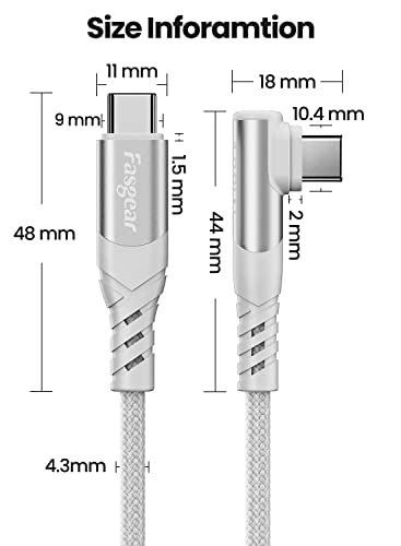 Fasgear USB C ל- USB-C כבל, 2PACK 10ft 100W PD PD מטען מהיר מטען קלוע מסוג C ל- C כבל זווית ימנית