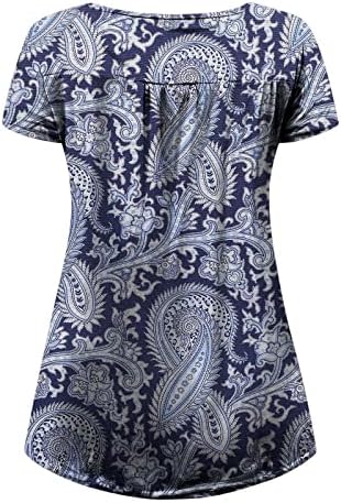 חולצות לנשים מודפסות בקיץ מסתור בטן טוניקה כפתור צוואר עגול קפלים חולצת טש חולצת שרוול קצר