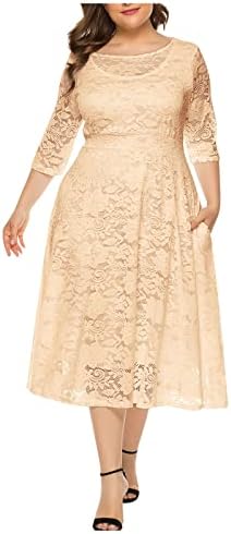 טמפרמנט נשים שרוול שרוול תלת רבע שרוול צבע מוצק מזדמן בצבע צוואר פלוס שמלה בגודל
