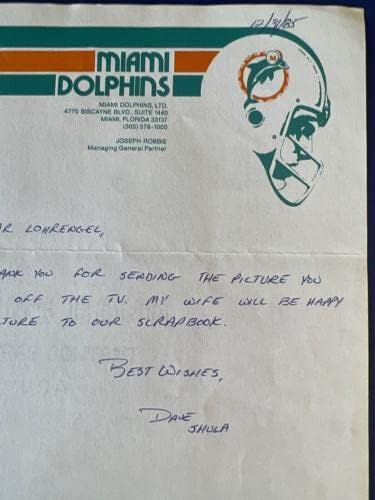 דייב שולה חתם 8. 5 על 11 מיאמי דולפינס מכתב 1985 ~ ג 'יי. אס. איי. קוא - קולג' חתכו חתימות