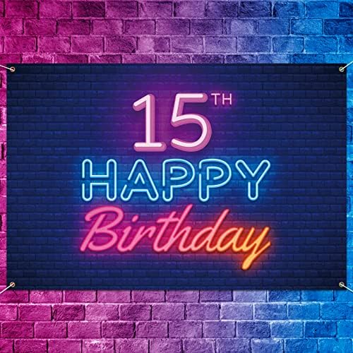 5665 זוהר ניאון שמח 15 יום הולדת רקע באנר דקור שחור, צבעוני זוהר 15 שנים מסיבת יום הולדת נושא קישוטי