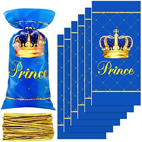 100 יחידות שקיות לטובת מסיבת הנסיך המלכותי שקיות מתנה מפלסטיק שקיות ממתקים כחולות עם עניבות
