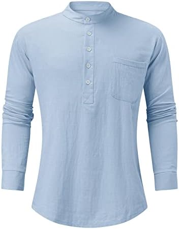 חולצות פשתן הכותנה של XXBR גברים, חולצות הנלי, כפתור קל משקל למטה שרוול ארוך צוואר מדומה צוואר חוף היפי מזדמן