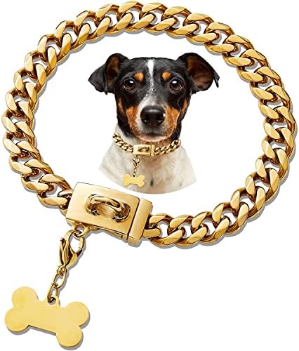 צווארון שרשרת כלבי זהב, צווארון 18K עם אבזם מאובטח, צווארוני מתכת נירוסטה, שרשרת קובנית כבדה של חובה