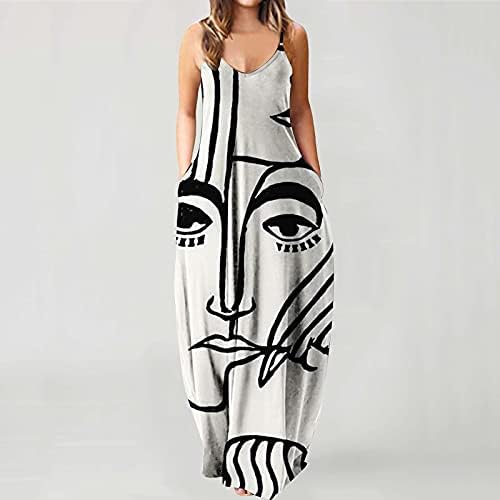 FUFAFAYO לנשים 2023 אופנה קיץ מזדמנת בתוספת הדפסה אמנותית גודל אמנותית כיס גדול ללא שרוולים מקסי שמלה ארוכה
