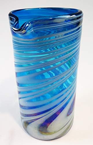 קנקן זכוכית מקסיקני מפוצץ ביד, עיצוב מערבולת ססגוני לבן טורקיז, ישר, 2 ליטרים