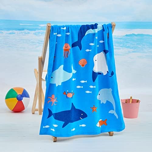 Sun Sprouts דפוס החיים הימי של מגבת חוף כותנה לילדים ופעוט. אמבטיה, בריכה, קמפינג, מגבת