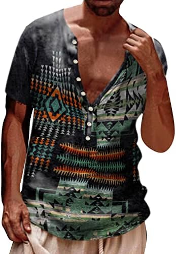 Ubst Mens Aztec Henley חולצות 3D רטרו בוהו כפתור הדפסה נ 'צוואר צמרות מזדמנים חולצת חוף גרפית שרוול