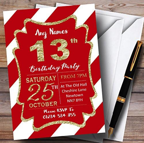 פסים אלכסוניים לבנים אדומים זהב הזמנות למסיבת יום הולדת 13 בהתאמה אישית