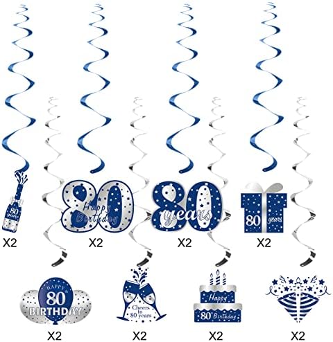 כחול כסף יום הולדת 80 תליית מערבולות קישוטים לגברים, 16 יחידות יום הולדת שמח בן 80 רדיד מסיבת מערבולת,