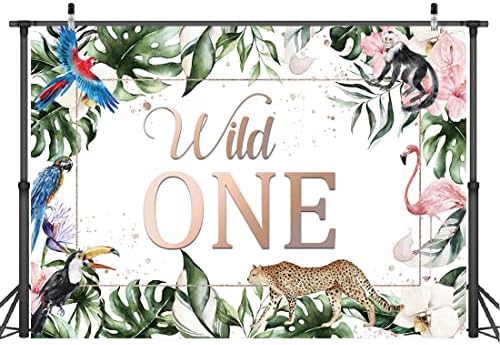 7x5ft Wild One רקע מקלחת תינוקות ספארי בעלי חיים עלים ירוקים פרחים ורודים ולבנים ציוד מסיבת יום הולדת ראשונה