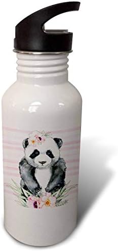 3 דובר תמונה חמודה של דוב פנדה צבעי מים עם פרחים עיצוב - בקבוק מים קש, 21oz, היפוך, לבן