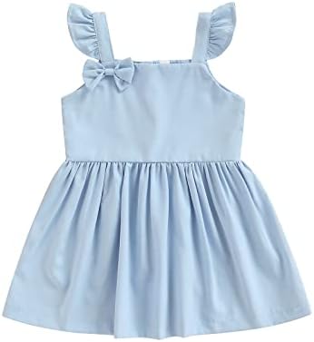 שמלת קיץ תינוקת זייקסין, שרוול זבוב בצבע אחיד, שמלת קו עם קישוט קשת