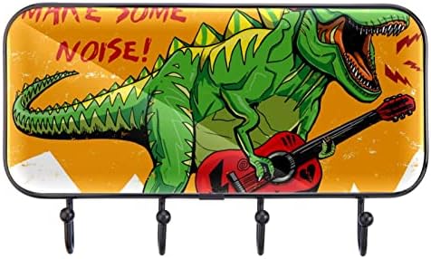 דינוזאור מגניב מנגן בגיטרה הדפס מעיל קיר קיר קיר, מתלה מעיל כניסה עם 4 חיבור לעיל מעיל גלימות
