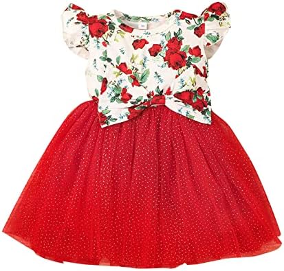 XBGQASU שמלת פעוט בנות שרוול זבוב מודפס טול פרחוני נסיכה תינוקות Bowknot בנות תלבושות & סט 3 חודשים