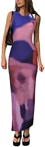 נשים קוקטייל שמלות נשים עניבת צביעה אופנה הדפסה עגול צוואר תיק ירך רזה רחוב ארוך שרוול מקסי שמלה