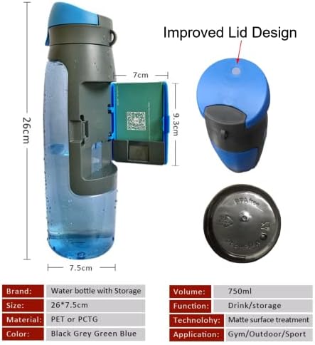 בקבוק מים ספורט של KD עם תא אחסון; עיצוב מכסים משופר, BPA חופשי, פה רחב קל לניקוי, בקבוק מים