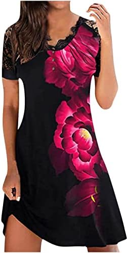Lcziwo שמלות חולצה מזדמנות של קיץ לנשים תחרה פרחונית שרוול קצר שמלת טוניקה כפתור קדמית מודפסת שמלה קצרה