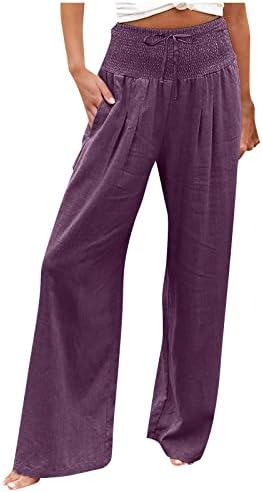 מכנסי iaqnaocc לנשים, מכנסיים זורמים עם רגל רחבה נוחה עם מכנסיים זורמים במותניים עם כיסים