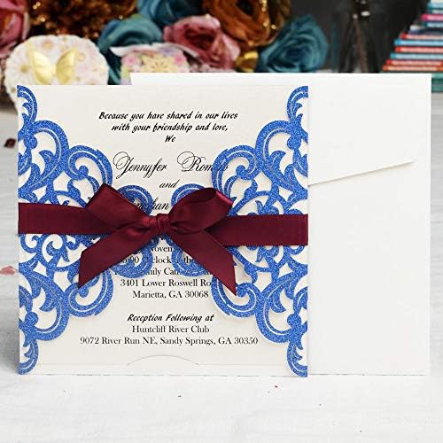 Jofanza 5.9 x 5.9 אינץ '50 pcs ריק הזמנה לחתונה כחולה מלכותית עם מעטפות לייזר חתוך כרטיסי הזמנה לתחרה