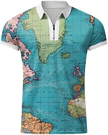חולצות גולף פולו של Beuu Zipper לחולצות גולף לקיץ שרוול קצר מפת עולם הדפסת חולצה עליונה גרפית מזדמנת