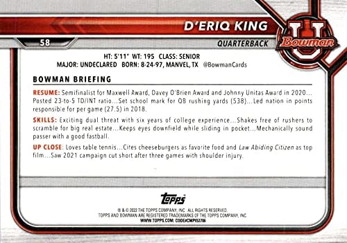 D'Eriq King RC 2022 אוניברסיטת באומן 58 טירון NM+ -MT+ NFL כדורגל NCAA נייר