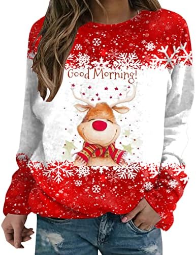 חולצות חג המולד של Beuu לנשים איילים והדפס פתית שלג מגשרים רופפים שרוול מזדמן סווטשירטים צוואר עגול