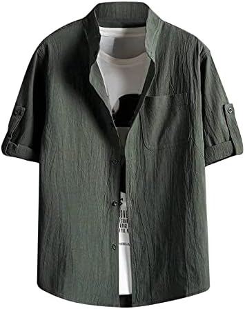 חולצות פשתן כותנה של Zhishiliuman לגברים שרוול קצר כפתור מזדמן חולצה מוצקה צבע אחיד כושר רופף עם כיס