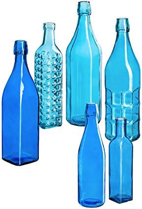 בקבוקי זכוכית כחולה מבהיקת ירוק -עד, סט של 6