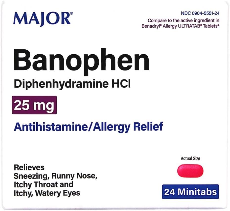 Banophen עיקרי אנטיהיסטמין / הקלה באלרגיה דיפנהידרמין HCl 25 מג - 24 מיניטבים