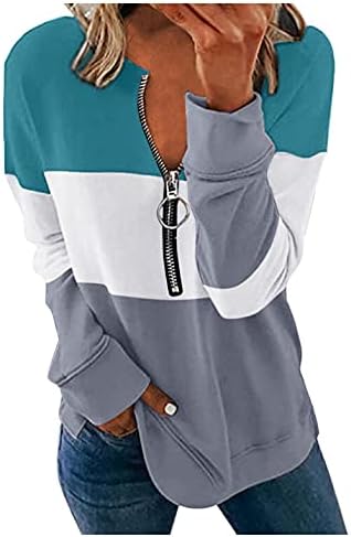 נשים צבע בלוק חולצות ארוך שרוול חצי לרכוס בסוודרים סווטשירט מזדמן רופף סתיו חולצה חולצה
