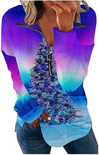חולצות T לחג המולד של נוקמופו לנשים דש אופנה מזדמן חג המולד מודפס סווטשירט רוכסן המותניים המותניים